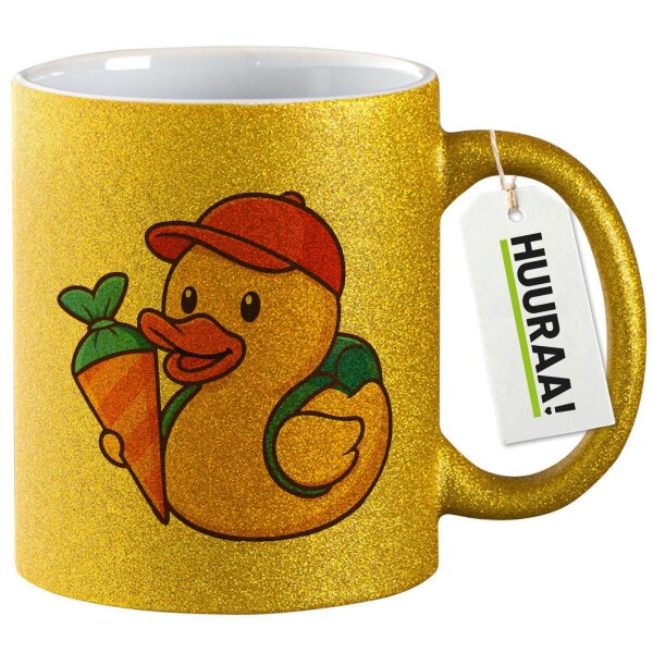 Glitzertasse Quietscheente Einschulung Gummiente Schulanfang 330ml