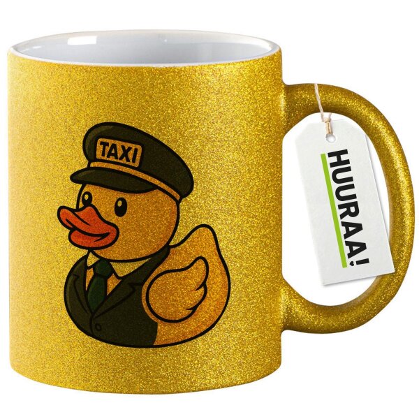 Glitzertasse Quietscheente Taxi-Fahrer Gummiente Chauffeur 330ml
