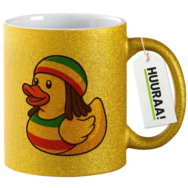 Glitzertasse Quietscheente Reggae Gummiente Rastafari 330ml