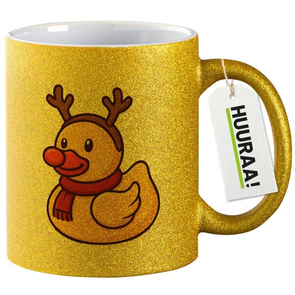 Glitzertasse Quietscheente Rudolf Gummiente Rentier 330ml