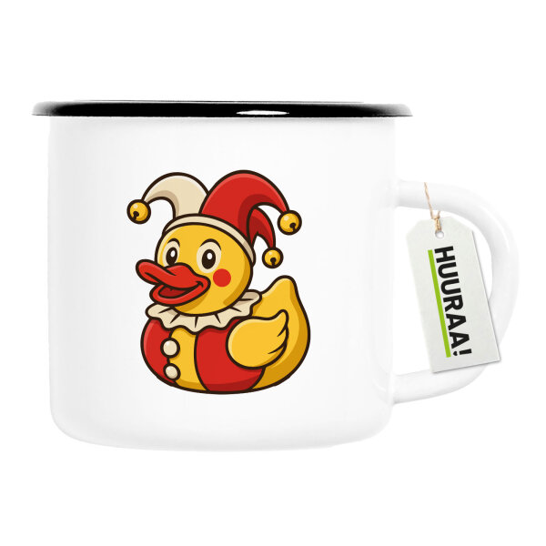 Emaille Tasse Quietscheente Joker Gummiente Hofnarr 300ml Vintage Emaille Becher