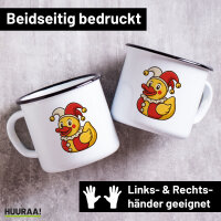 Emaille Tasse Quietscheente Joker Gummiente Hofnarr 300ml...