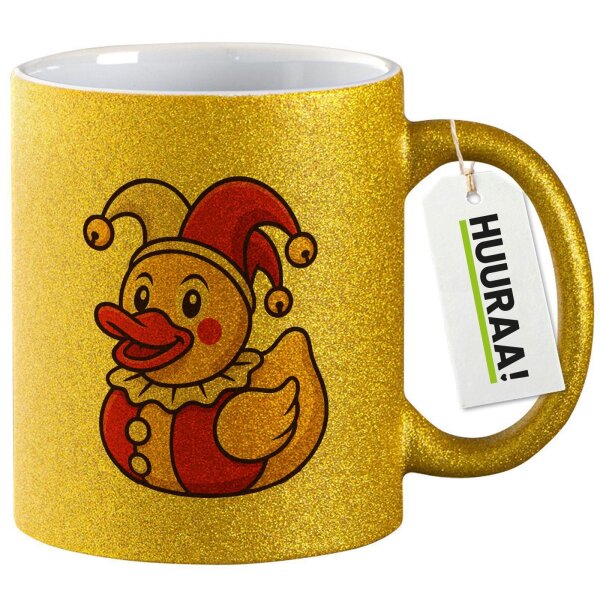 Glitzertasse Quietscheente Joker Gummiente Hofnarr 330ml