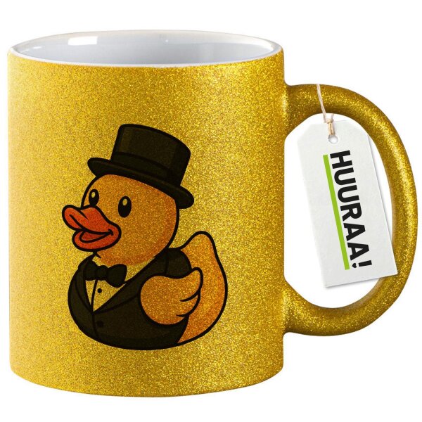 Glitzertasse Quietscheente Bräutigam Gummiente Hochzeit 330ml