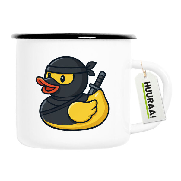 Emaille Tasse Quietscheente Ninja Gummiente Krieger 300ml Vintage Emaille Becher