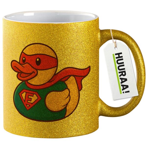 Glitzertasse Quietscheente Superheld Gummiente Hero 330ml