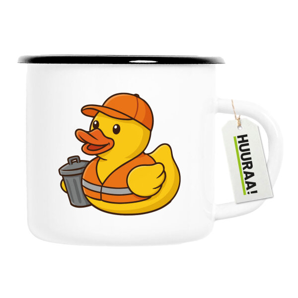 Emaille Tasse Quietscheente Müllmann Gummiente Müllabfuhr 300ml Vintage Emaille Becher
