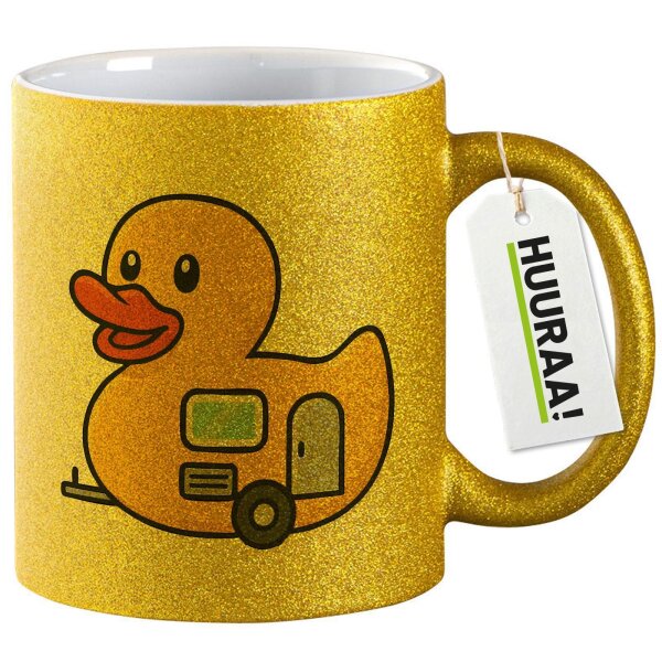 Glitzertasse Quietscheente Camper Gummiente Wohnwagen 330ml