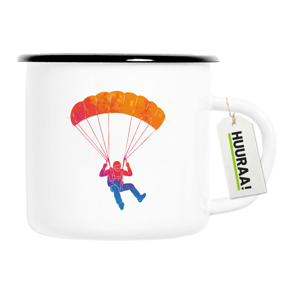 Emaille Tasse Fallschirmspringen bunte Silhouette 300ml Vintage Emaille Becher