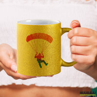 Glitzertasse Fallschirmspringen bunte Silhouette 330ml