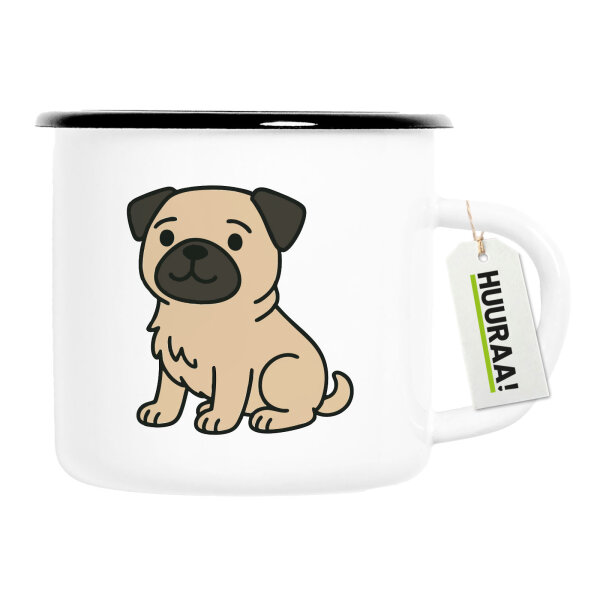 Emaille Tasse Mops Pug Comic 300ml Vintage Emaille Becher