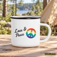 Emaille Tasse Love &amp; Peace in Wei&szlig;, 300 ml