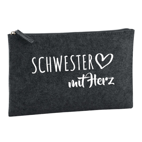 Kulturbeutel Schwester mit Herz 1 Liter Filz Charcoal Kosmetiktasche