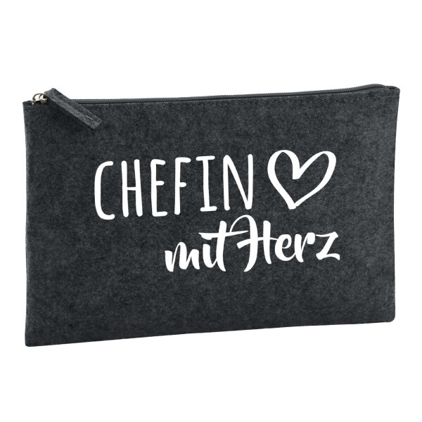 Kulturbeutel Chefin mit Herz 1 Liter Filz Charcoal Kosmetiktasche