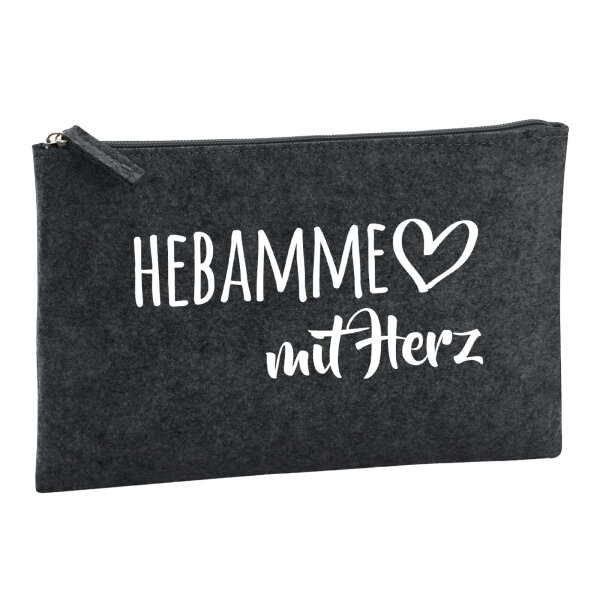 Kulturbeutel Hebamme mit Herz 1 Liter Filz Charcoal Kosmetiktasche