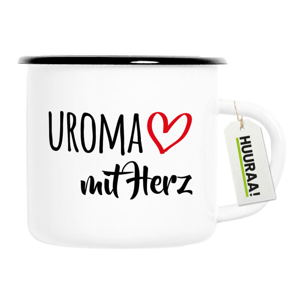 Emaille Tasse Uroma mit Herz 300ml Vintage Emaille Becher