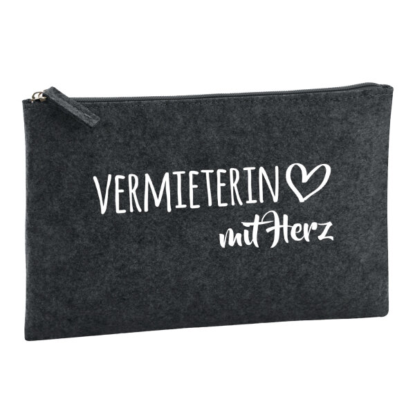 Kulturbeutel Vermieterin mit Herz 1 Liter Filz Charcoal Kosmetiktasche
