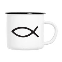 Emaille Tasse Fische Symbol in Wei&szlig;, 300 ml