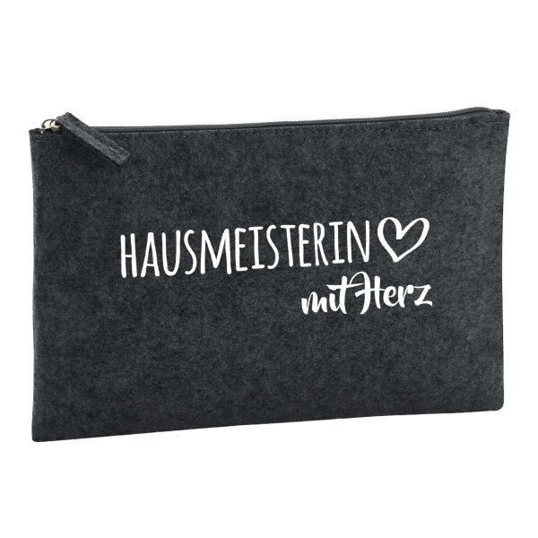 Kulturbeutel Hausmeisterin mit Herz 1 Liter Filz Charcoal Kosmetiktasche