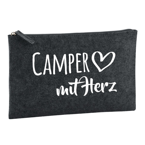 Kulturbeutel Camper mit Herz 1 Liter Filz Charcoal Kosmetiktasche