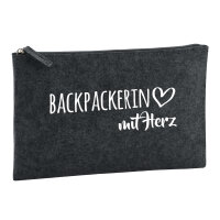 Kulturbeutel Backpackerin mit Herz 1 Liter Filz Charcoal Kosmetiktasche