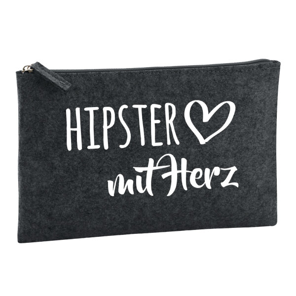 Kulturbeutel Hipster mit Herz 1 Liter Filz Charcoal Kosmetiktasche