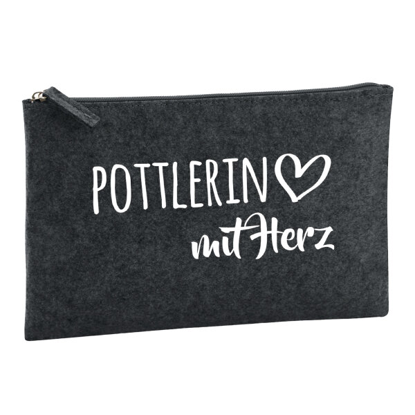 Kulturbeutel Pottlerin mit Herz 1 Liter Filz Charcoal Kosmetiktasche