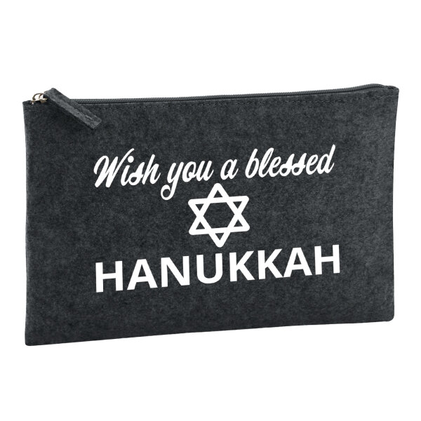Kulturbeutel Wish blessed Hanukka Schriftzug 1 Liter Filz Charcoal Kosmetiktasche