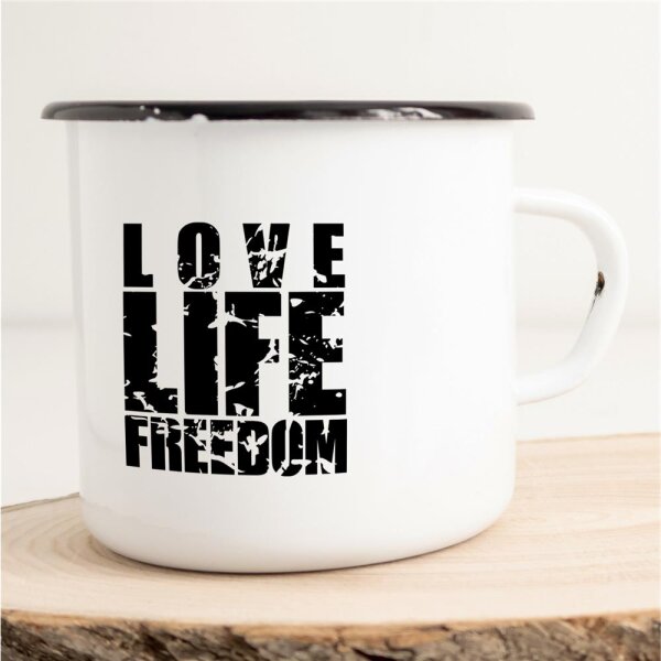 Emaille Tasse Love Life Freedom Vintage 300ml