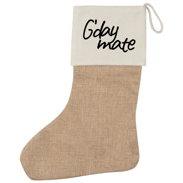 Weihnachtsstrumpf G`day mate Spruch Beige