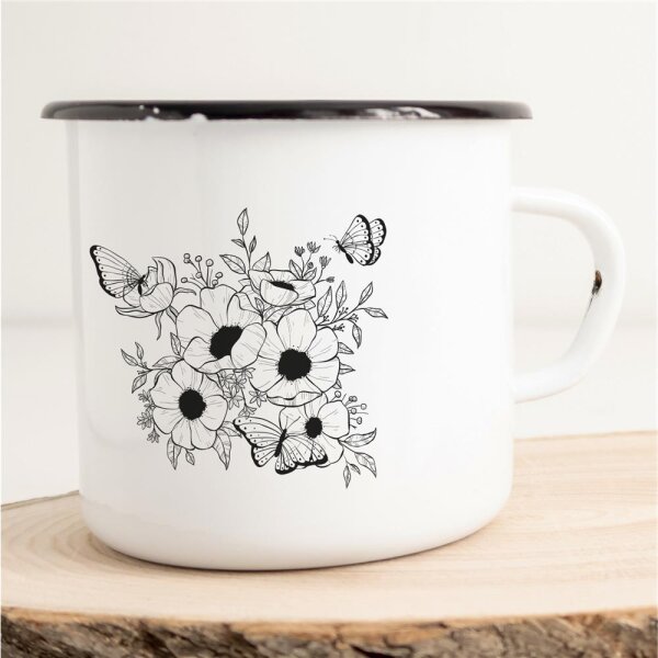 Emaille Tasse Blumen Schmetterlinge Vintage 300ml