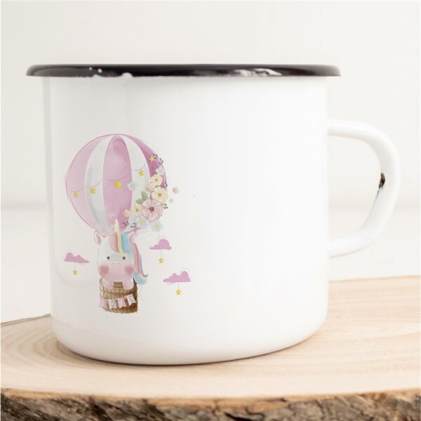 Emaille Tasse Einhorn Heißluftballon Vintage 300ml