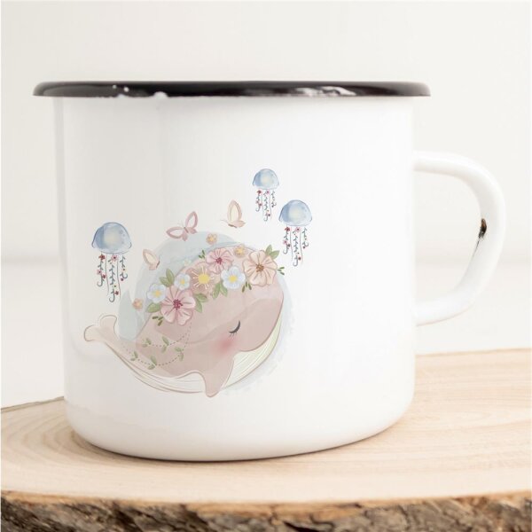 Emaille Tasse Wal Quallen Schmetterlinge Vintage 300ml