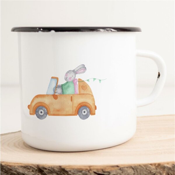 Emaille Tasse Hase im Auto Vintage 300ml