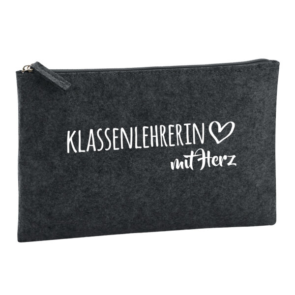 Kulturbeutel Klassenlehrerin mit Herz 1 Liter Filz Charcoal Kosmetiktasche