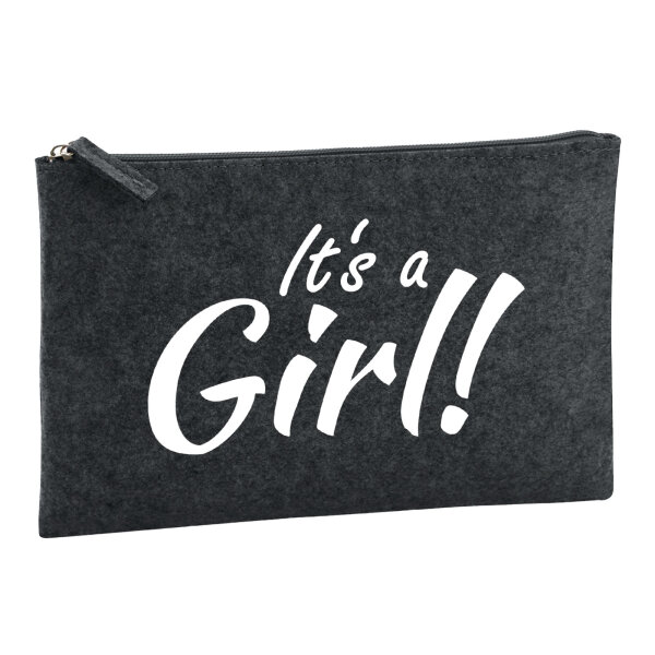 Kulturbeutel It`s a Girl! Schriftzug 1 Liter Filz Charcoal Kosmetiktasche