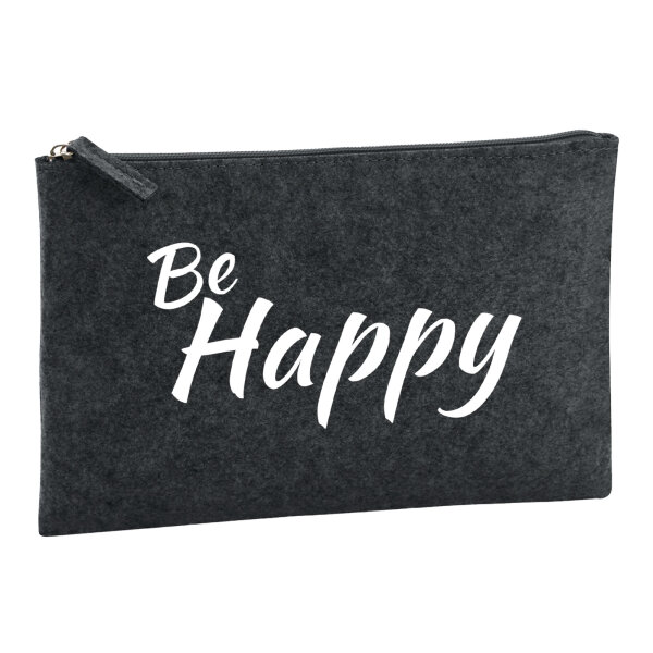 Kulturbeutel Be Happy Schriftzug 1 Liter Filz Charcoal Kosmetiktasche