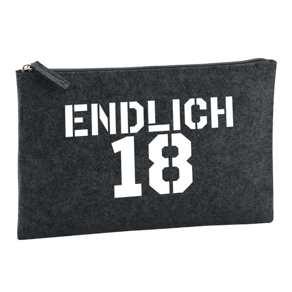 Kulturbeutel Endlich 18 Schriftzug 1 Liter Filz Charcoal Kosmetiktasche
