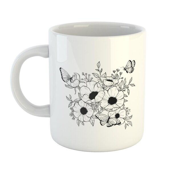 Kaffeetasse Blumen Schmetterlinge Natur Pflanzen Weiß 330ml