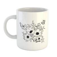 Kaffeetasse Blumen Schmetterlinge Natur Pflanzen Weiß 330ml
