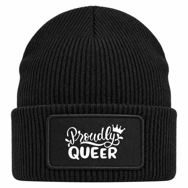 Beanie mit Patch Proudly Queer Krone Black