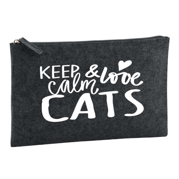 Kulturbeutel Keep calm and love Cats 1 Liter Filz Charcoal Kosmetiktasche