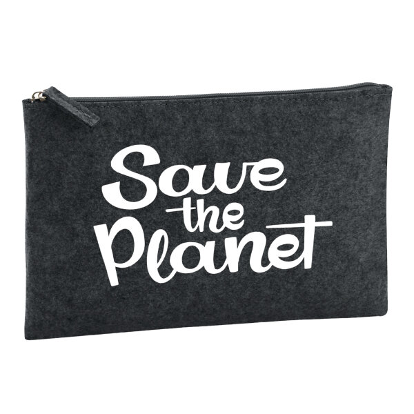 Kulturbeutel Save the Planet Schriftzug 1 Liter Filz Charcoal Kosmetiktasche