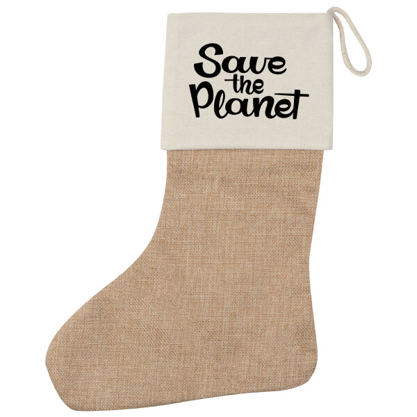 Weihnachtsstrumpf Save the Planet Schriftzug Beige