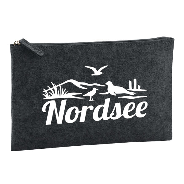 Kulturbeutel Nordsee Strandmotiv 1 Liter Filz Charcoal Kosmetiktasche