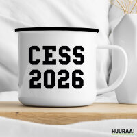 Emaille Tasse CESS 2026 Abschluss Belgien (frz.) 300ml Vintage Emaille Becher