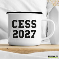 Emaille Tasse CESS 2027 Abschluss Belgien (frz.) 300ml Vintage Emaille Becher