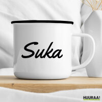 Emaille Tasse Suka russisch Schriftzug 300ml Vintage Emaille Becher