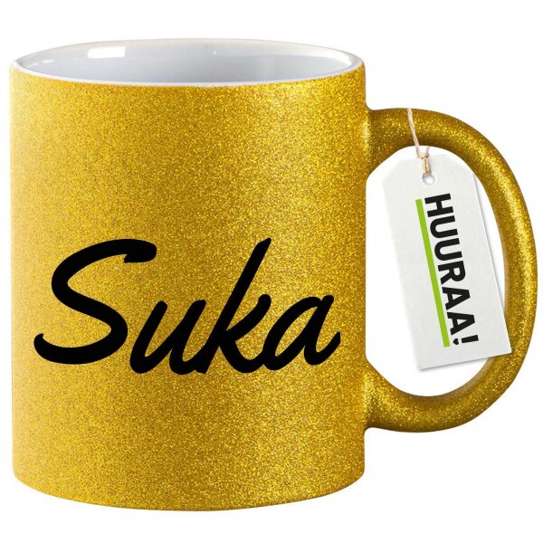 Glitzertasse Suka russisch Schriftzug 330ml