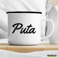 Emaille Tasse Puta spanisch Schriftzug 300ml Vintage Emaille Becher